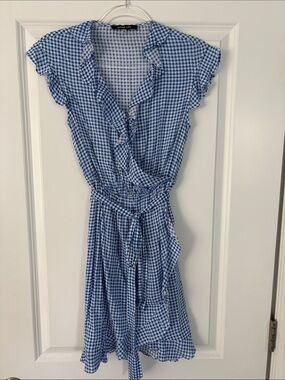 Sugarlips Dasi Blue Gingham Check Chiffon Ruffle Faux Wrap Mini Dress Size XS